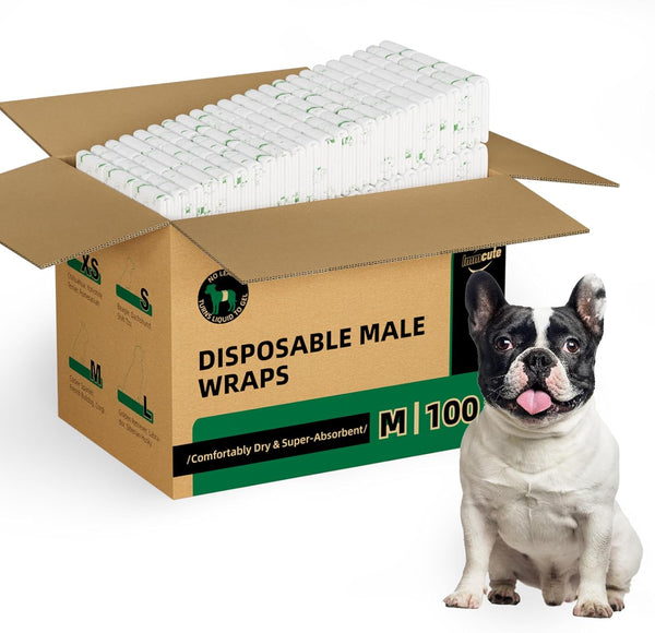 IMMCUTE Disposable Male Dog Diapers 100 Ct, Male Dog Wraps with Wetness