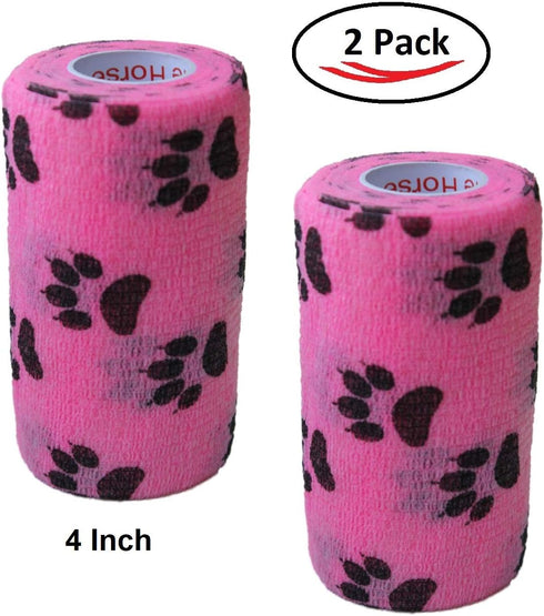 Vet Wrap Tape (Pink with Paw Prints) (2 Pack) (2 Inch x 15 feet) Self Adhesive Cohesive Bandage for Pets