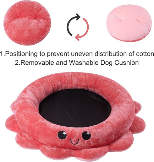 Jiupety Cute Calming Dog Bed, Anxiety Bolster Dog Bed with Octopus Shape for Large Dogs - Pink, Red