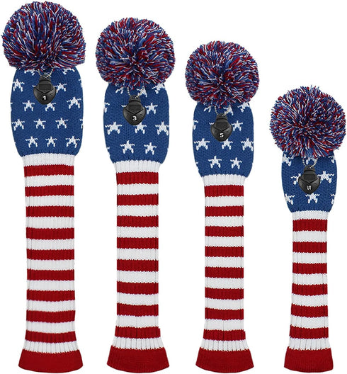Scott Edward Knitted Golf Head Covers 4PCS, Handmade Fit for Driver and Fairway Woods with Long Neck Pom Pom