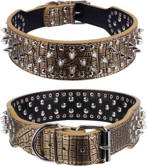 Hoot PU Leather Adjustable Spiked Studded Dog Collar 2" Wide 31 Spikes (S(Neck 17"-20"), Golden)