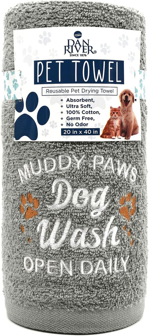 DAN RIVER 100% Cotton Dog Bath Towel, Ultra Soft 450 GSM, Quick Drying, Paw Embroidered Pattern, 20x40 inches