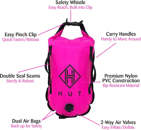 HUT Swim Buoy Dry Bag - Premium Safety Tow Float and Watertight Dry Bag for Open Water Swimmers