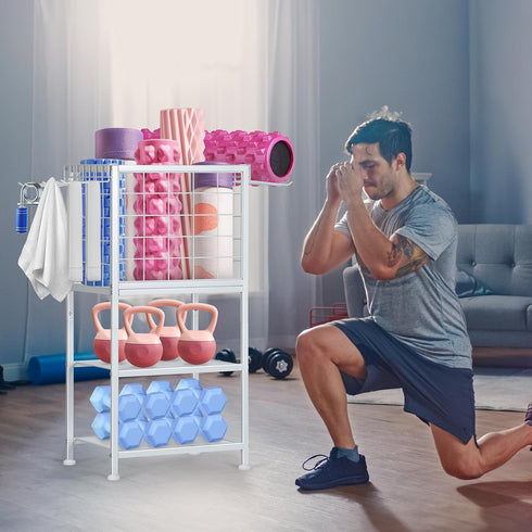 Weight Rack with Hooks for Home Gym, Yoga Mat Storage Organizer, Weight Storage Racks, Wheels for Dumbbell & Resistance