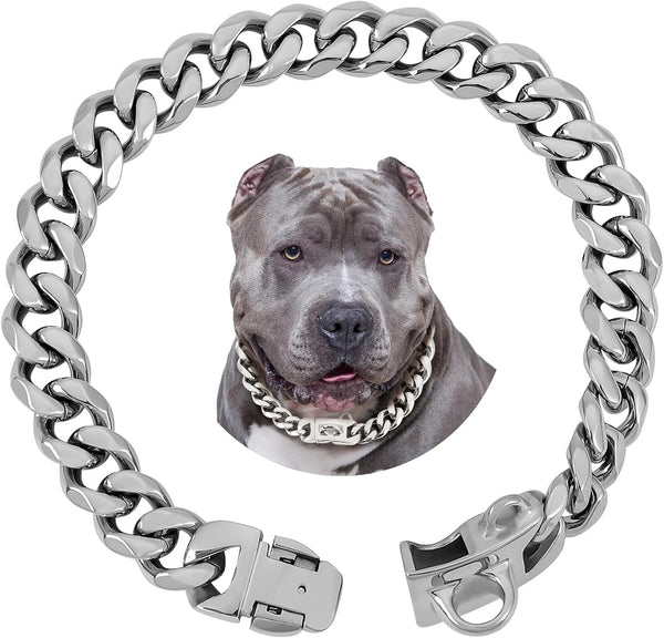 BAOBOTE 15MM Silver Stainless Steel Dog Collar, Heavy Duty Chew Proof Cuban Link Training Collar, 16" Silver