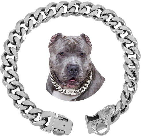 BAOBOTE 15MM Silver Stainless Steel Dog Collar, Heavy Duty Chew Proof Training Collar for Dogs, 14" Silver