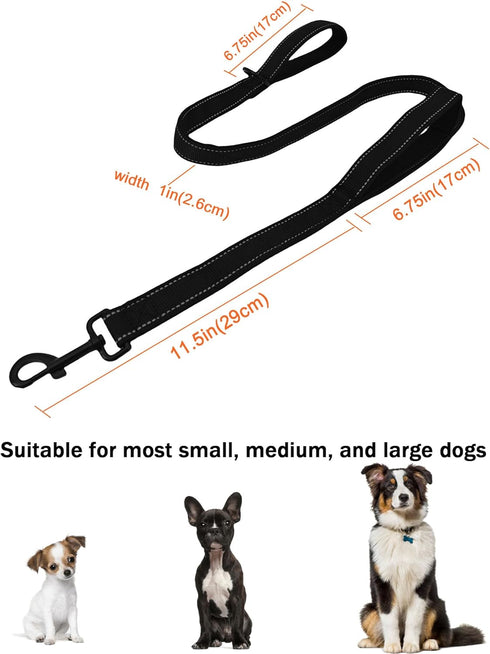 4FT Black Strong Dog Leash with 2 Padded Handles, Double-Sided Reflective Walking Lead for Small Medium Large Dogs