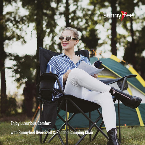 300 LBS, SUNNYFEEL Folding Oversized Camping Chair, Padded Portable Lawn Chairs for Adults Heavy Duty Folding Camp Quad