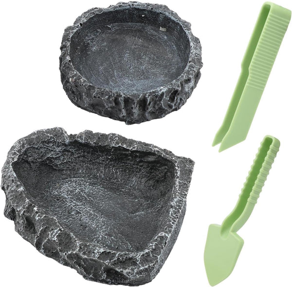 Reptile Bowls, 2 Pcs Feeding Dish with Clamp & Shovel, Resin Rock Water & Food Bowls for Reptiles