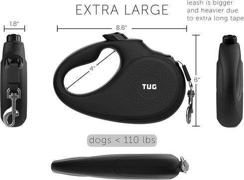 TUG Monochrome XL 360° Tangle-Free Retractable Dog Leash, 26 ft Strong Nylon Tape, One-Handed Brake, Pause, Lock