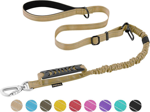 Tactical Dog Leash Heavy Duty 4-6ft, No Pull Bungee for Medium Large Dogs with Padded Double Handle, Brown