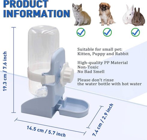Rabbit Water Bottle Suspension Dispenser for Mini Pet Bunny, Guinea Pig, Chinchilla, 500ml BPA Free (Blue)