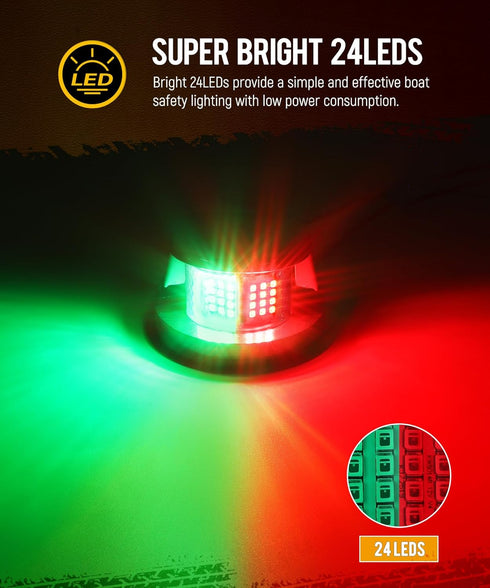 1Pcs 24 Partsam Marine Boat Bow Lights, LED Red and Green Navigation Light for Vessle Pontoon Yacht Skiff Skeeter