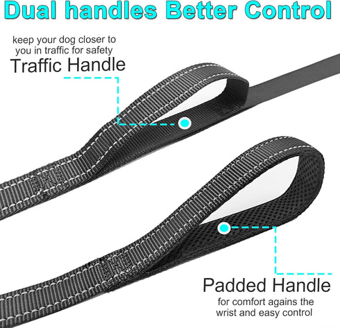 10 FT Traffic Leash with 2 Handles, Reflective Dog Leash for Large Medium Dogs, Easy Control Training Lead, Black