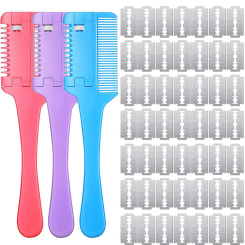 3 Pcs Pet Dog Cat Razor Comb with 50 Pcs Replacement Razors, Double Sided Hair Trimmer Tool (Pink, Blue, Purple)