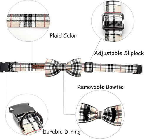 Dog Collar, Bow Dog Collar Plaid Pet Collar, Cute Soft Adjustable Collar for Large Dogs with Metal Buckle