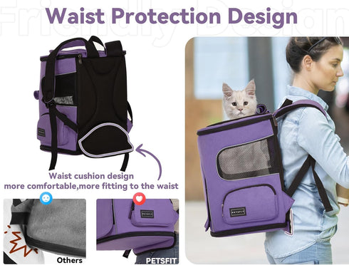 PETSFIT Dog Backpack Carrier with Upgraded Waist Protection, Ventilated Collapsible Backpack for Small Dogs/Cats