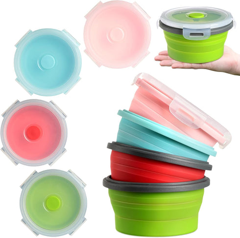 Suclain 4 Pcs Camping Bowl Set, Collapsible Silicone Bowl with Lid for Lunch, Salad, Travel - Red, Pink, Blue, Green