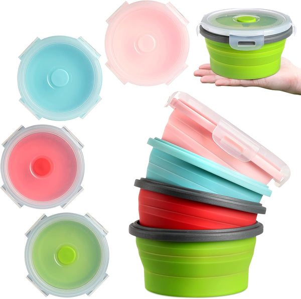 Suclain 4 Pcs Camping Bowl Set, Collapsible Silicone Bowl with Lid for Lunch, Salad, Travel - Red, Pink, Blue, Green