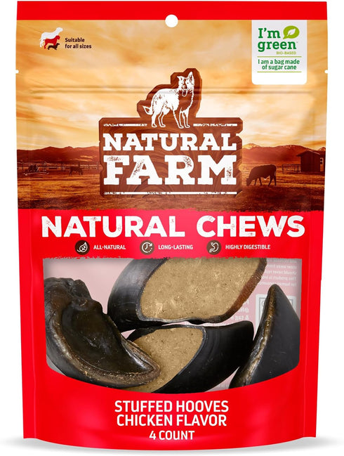 (4-Pack), Natural Farm Chicken Filled Cow Hooves for Dogs Long-Lasting Natural Hoof Beef Bone Treats, Best for Small