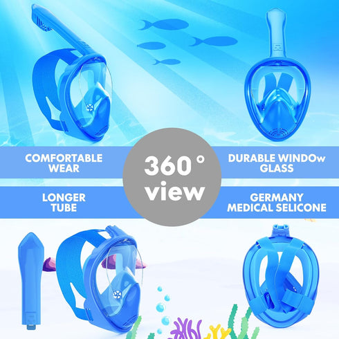 Kids Snorkel Mask Full Face | Snorkeling Gear for Ages 2-14 with Camera Mount, 180 Degree Panoramic View