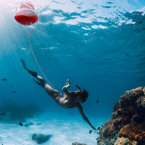 Maitys Heavy Duty PVC Dive Flag Float Freediving Rope Set with Inflatable Signal Floater and Lanyard for Snorkeling