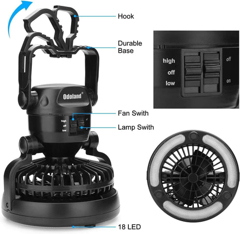 Odoland Portable LED Camping Lantern with Fan - Emergency Light