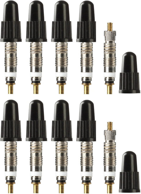 Presta Valve Cores with Removal Tool, 10 Cores and 10 Caps, for Tubeless Tires, Silver 10 Pack