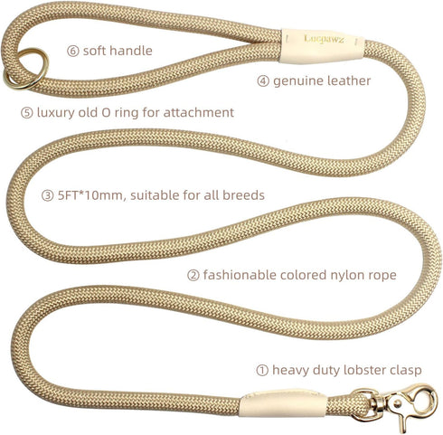 Lobster Snap Pet Leash 5FT, Strong Nylon Rope Dog Leash for All Breeds (Gold, 5ft *10mm)