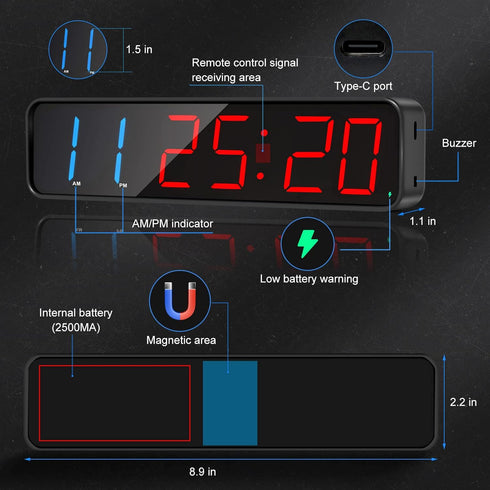 Gym Timer, Portable, Interval Timer with Rechargeable Battery and Built-in Magnet, LED Digital Anti Vertigo Display