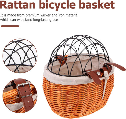 FAVOMOTO Rattan Woven Bike Basket Capacity Sturdy Front Carrier for Pets Cats Dogs and Shopping Breathable Comfortable