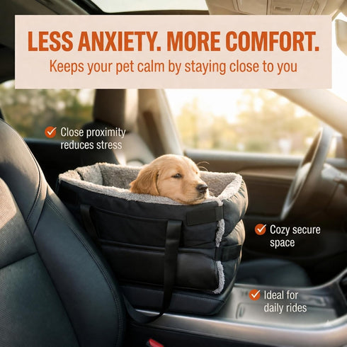 Carver Park Center Console Dog Seat for Small Dogs & Cats | Pet Car Seat with Safety Strap & Cushion | Portable Middle