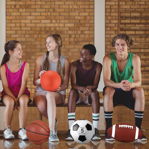 4 Set Lenwen Pcs Sports Balls for Teen Adult, Include Official Size Basketball Soccer Football Playground Ball Pump