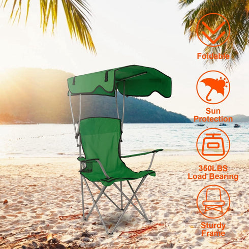 50+ 350LB TeqHome Camping Chair with Canopy, Outdoor Folding Lounge Chair with Adjustable UPF Sun Shade & Cup Holder