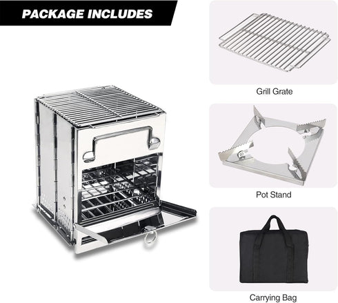 REDCAMP Folding Wood Burning Camping Stove with Pot Stand, Large Portable Stainless Steel 304# Grill for Backpacking