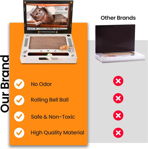 Cardboard Scratching Laptop for Cats - 3-in-1 Durable Corrugated Cat Scratcher with Toy Plush Fluffy Mouse & Bell Ball
