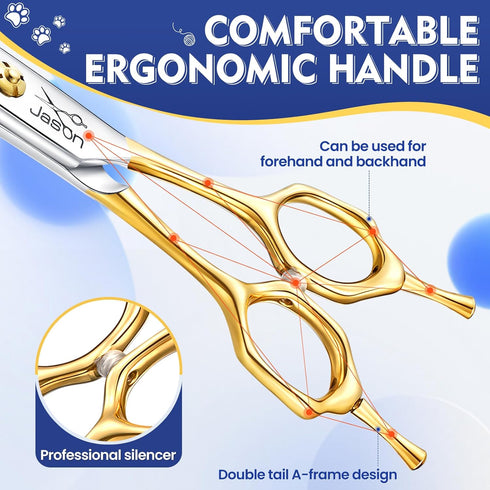 JASON Curved Thinner Dog Scissors, Ergonomic Grooming Shears, 440C Stainless Steel for Professional Use