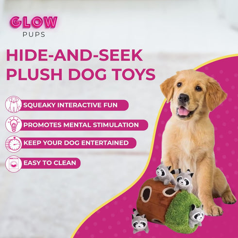 5-Pack Glow Pups Dog Puzzle Plush Toy Tree with Squeaky Raccoons, Interactive Hide and Seek Fun, Promotes Mental