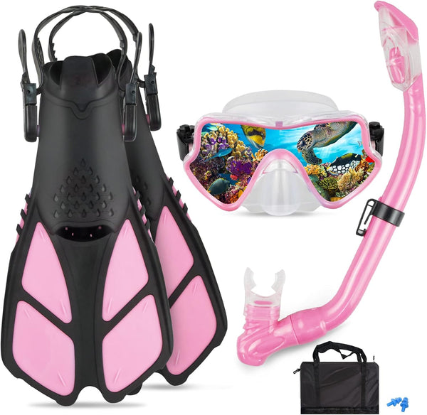 Kids Snorkeling Set, Adjustable Swimming Flippers, Panoramic Snorkel Mask, Dry Tube, Travel Bags for Ages 5-14