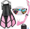 Kids Snorkeling Set, Adjustable Swimming Flippers, Panoramic Snorkel Mask, Dry Tube, Travel Bags for Ages 5-14