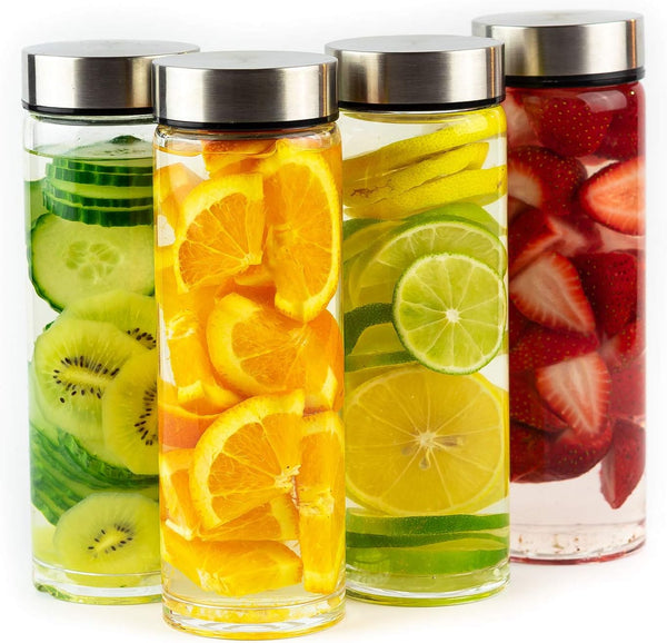 Juice Bottles - 4 Pack Wide Mouth Glass Bottles with Lids for Juicing, Smoothies, 16oz, BPA Free