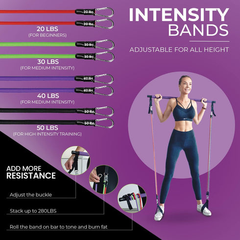 Portable Pilates Bar Kit with Resistance Bands, Guided 8-Week Pilates Plan for Home Equipment