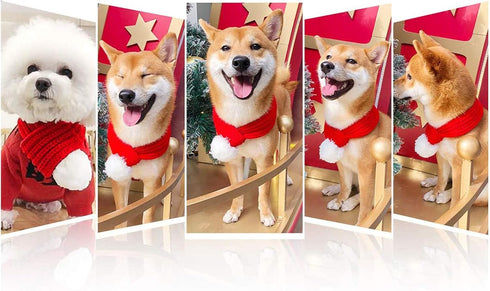 Christmas Dog Santa Hat with Adjustable Scarf, Red Knit Scarf, Dog Winter Neck Warmer for Christmas Party Dressup
