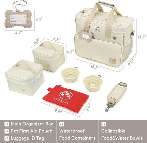 Pet Travel Bag, Large Beige Dog Carrier with Multiple Compartments and Adjustable Straps, Dog Suitcase for Weekend