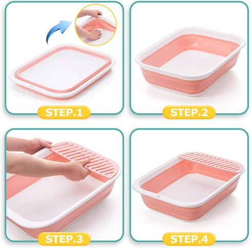 Open Top Cat Litter Box, Large Foldable Cat Potty Height-Adjustable Sides Anti-Splash, Open Air Kitty Litter Pan No