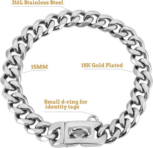 BAOBOTE 15MM Silver Stainless Steel Dog Collar, Heavy Duty Chew Proof Training Collar for Dogs, 14" Silver