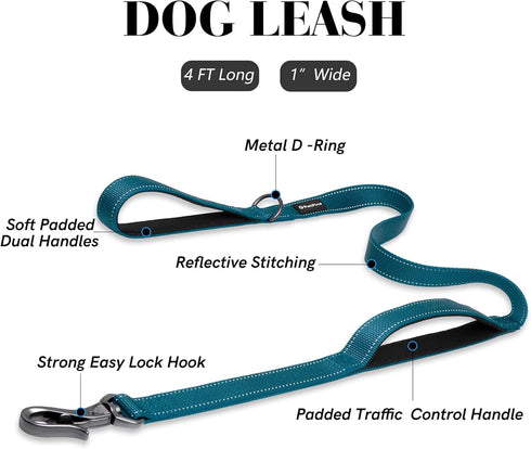 PetiFine 4FT Heavy Duty Dog Leash - Soft Padded Double Handle, Reflective Nylon for Large Medium Small Dogs, Blue