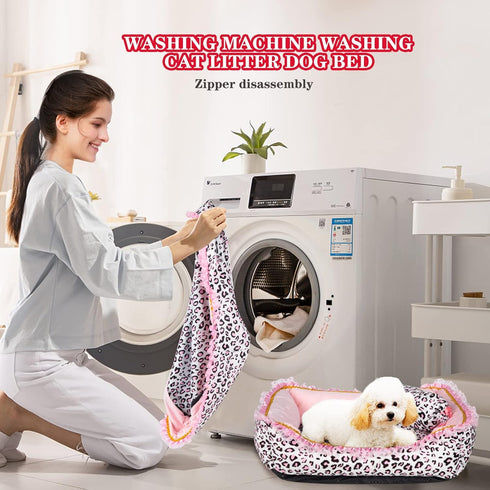 Gigreinc Cute Pink Puppy Sleeping Mat Bed with Leopard Pattern, Round Square Shape Cat Dog Sofa Bed, Pet House Nest