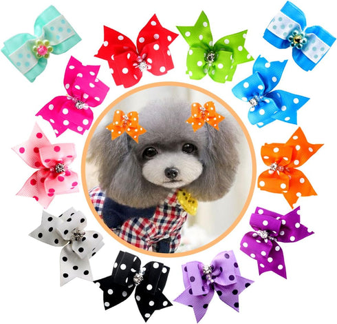 YOY 24 pcs/12 Pairs Adorable Grosgrain Ribbon Pet Dog Hair Bows with Elastic Bands - Grooming Accessories Set