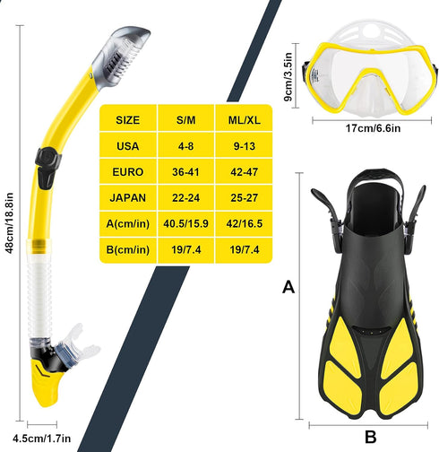 ZEEPORTE Set, Swimming Packages Mask Fin Snorkel Travel Size Snorkeling Gear for Adults with Panoramic View Anti-Fog